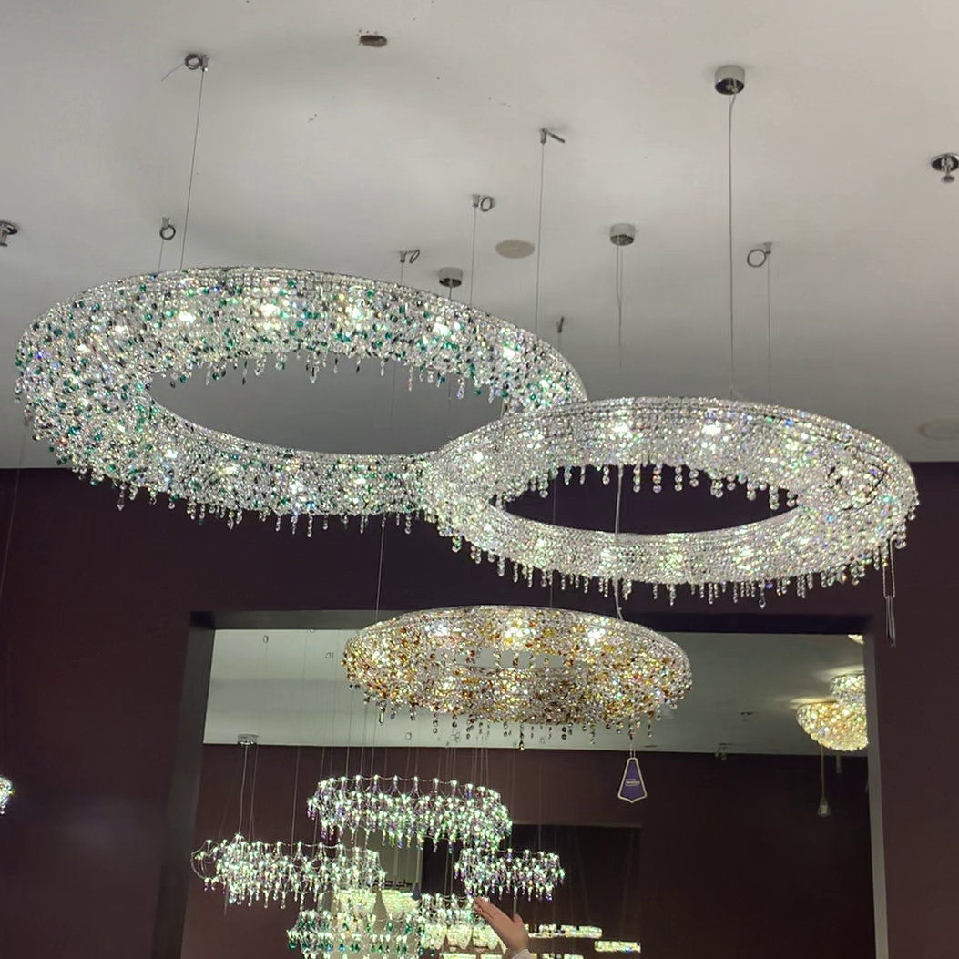 Unique Eccentric Circle Colorful Crystal Beads Chandelier Luxury Ceiling Lamp for Living / dining Room