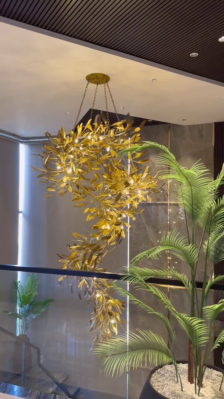 Modern Gold Leaves Tree Chandelier for High-Ceiling