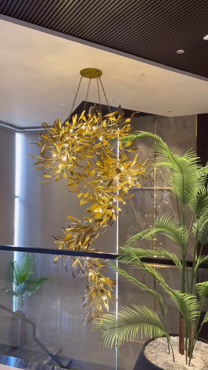 Modern Gold Leaves Tree Chandelier for High-Ceiling