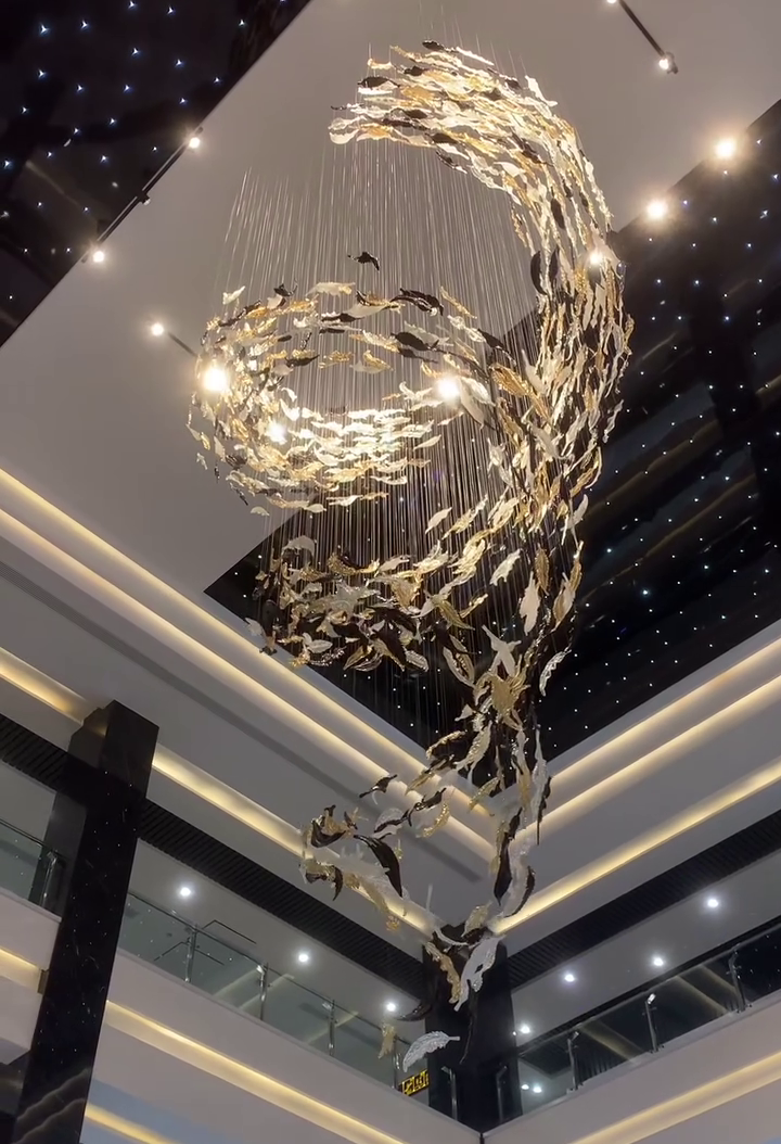 Luxury Spiral Floating Glass Feather Chandelier for High-Ceiling / hotel / restaurant