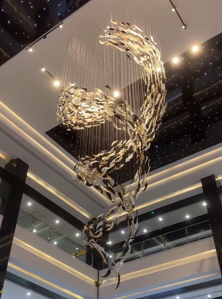 Luxury Spiral Floating Glass Feather Chandelier for High-Ceiling / hotel / restaurant