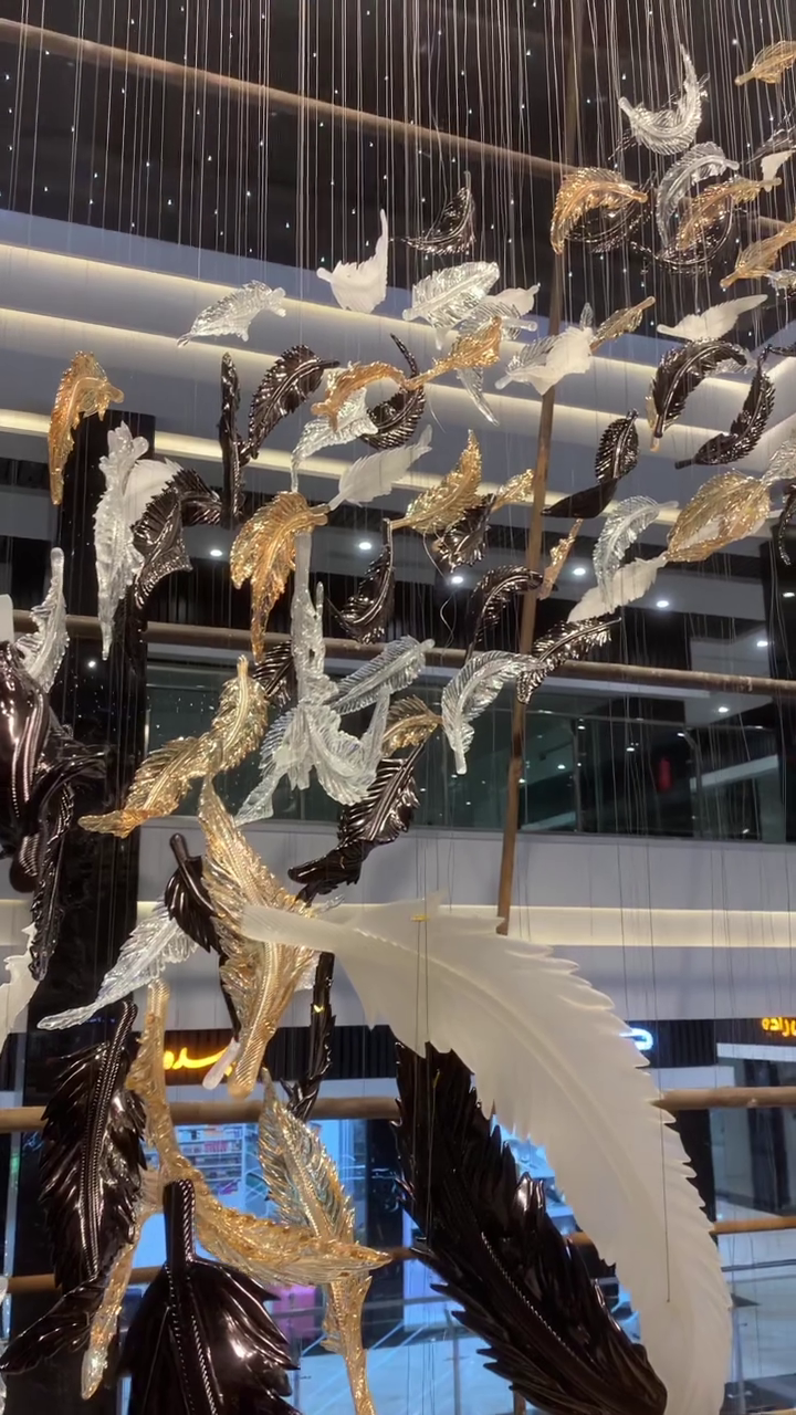 Luxury Spiral Floating Glass Feather Chandelier for High-Ceiling / hotel / restaurant