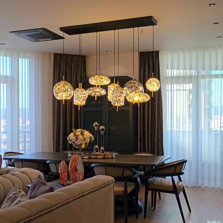 Modern Starry Smoky Gray / amber Glass Shade Chandelier with Rectangular Canopy
