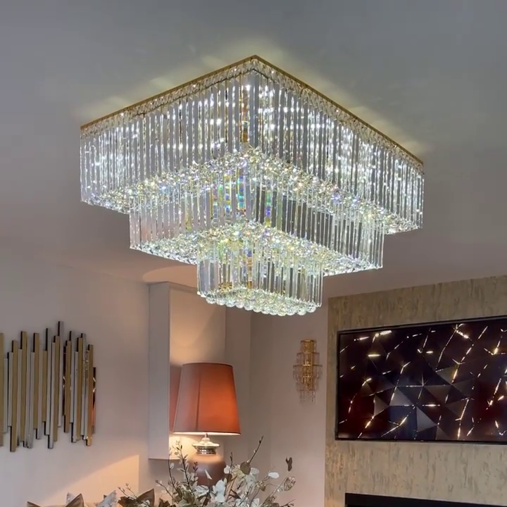 Square Crystal Ceiling Crystal Chandelier Light Three Layers