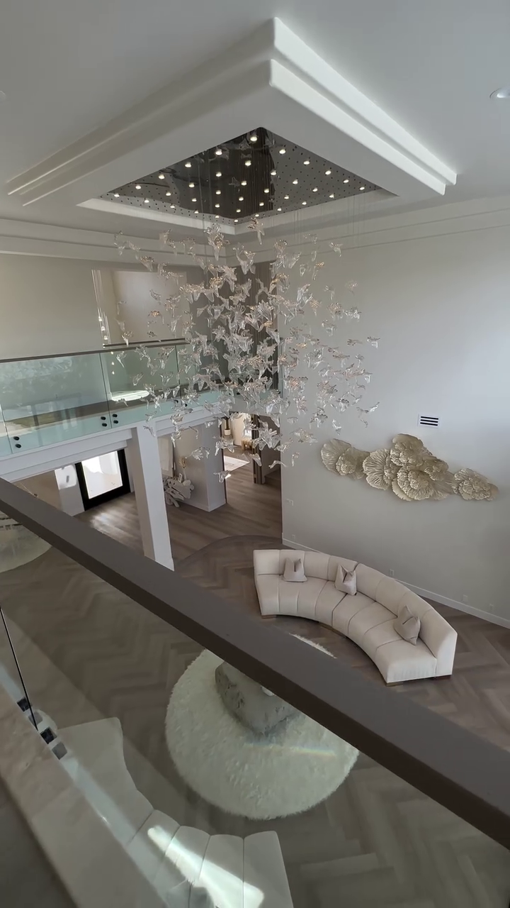 Modern Floating Maple Glass Chandelier with Square Canopy for High-Ceiling