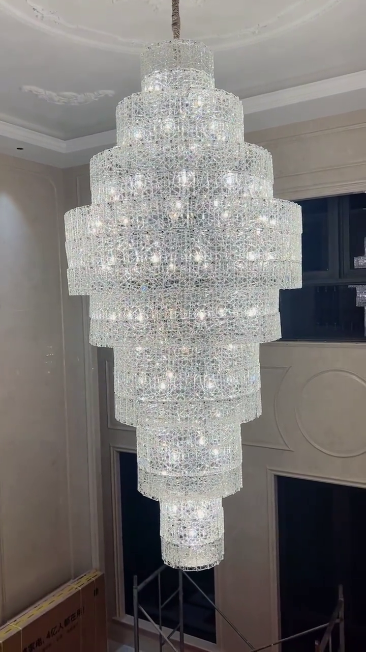 Extra Large Ice Chip Glass Multi-Layer Chandelier for High-Ceiling