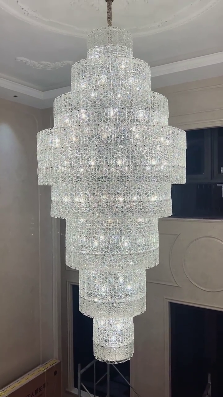 Extra Large Ice Chip Glass Multi-Layer Chandelier for High-Ceiling