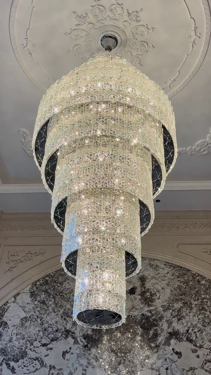 Extra Large Ice Chip Glass Multi-Layer Chandelier for High-Ceiling